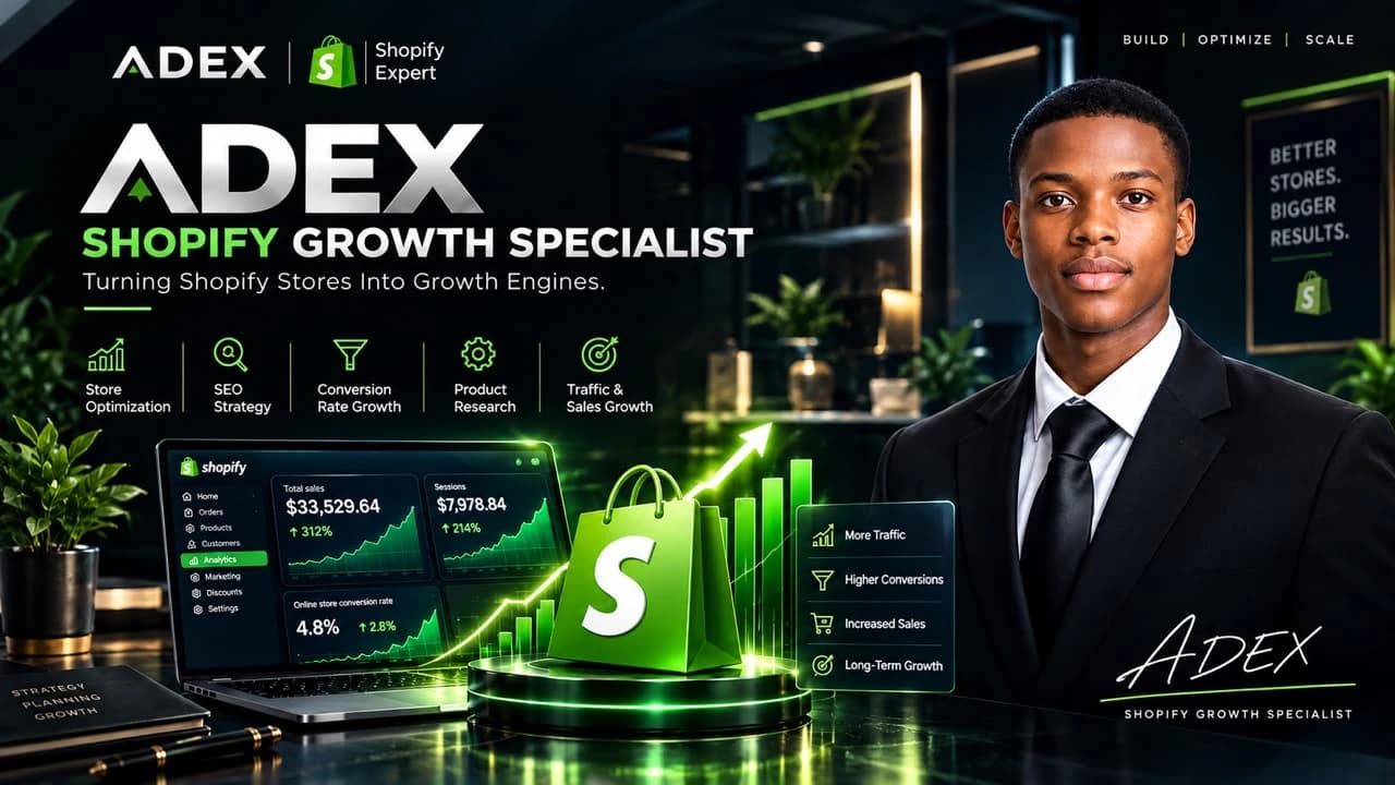 Adex’s Shopify specialist banner with his portrait and illustrative store dashboard artwork
