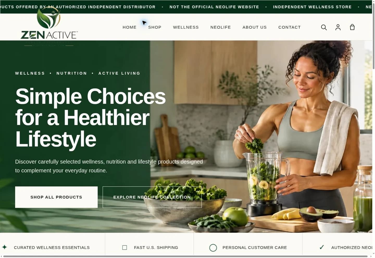 Zen Active homepage with wellness messaging, green styling and lifestyle photography
