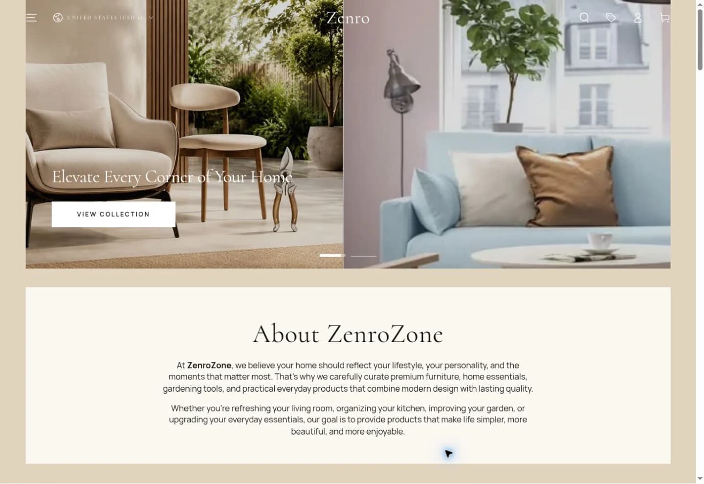 ZenroZone homepage showing furniture imagery and its home essentials introduction